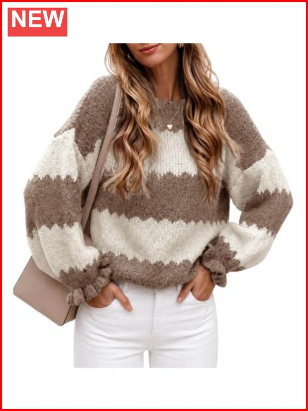 Striped Color Block Ruffle Sleeve Pullover Sweater Womens Loose Ribbed Knit